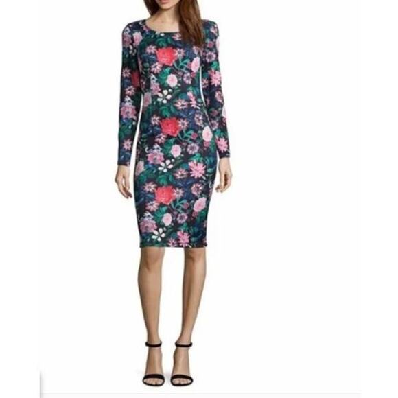 Project Runway Long Sleeve Dress Floral Midi Fitted BodyCon Black L - Picture 2 of 7